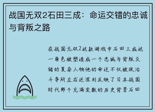 战国无双2石田三成：命运交错的忠诚与背叛之路